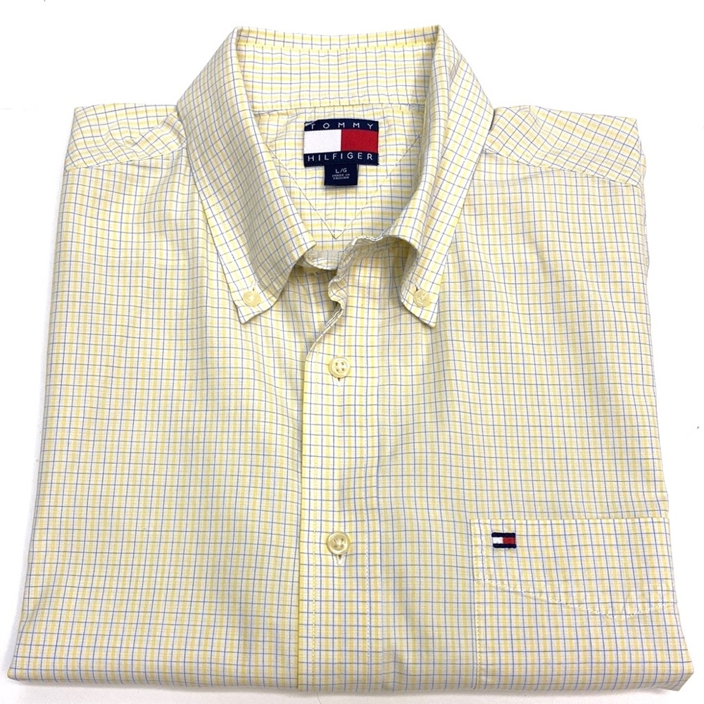 Tommy Hilfiger Men's Blue & White Check Button Down Short Sleeve Shirt